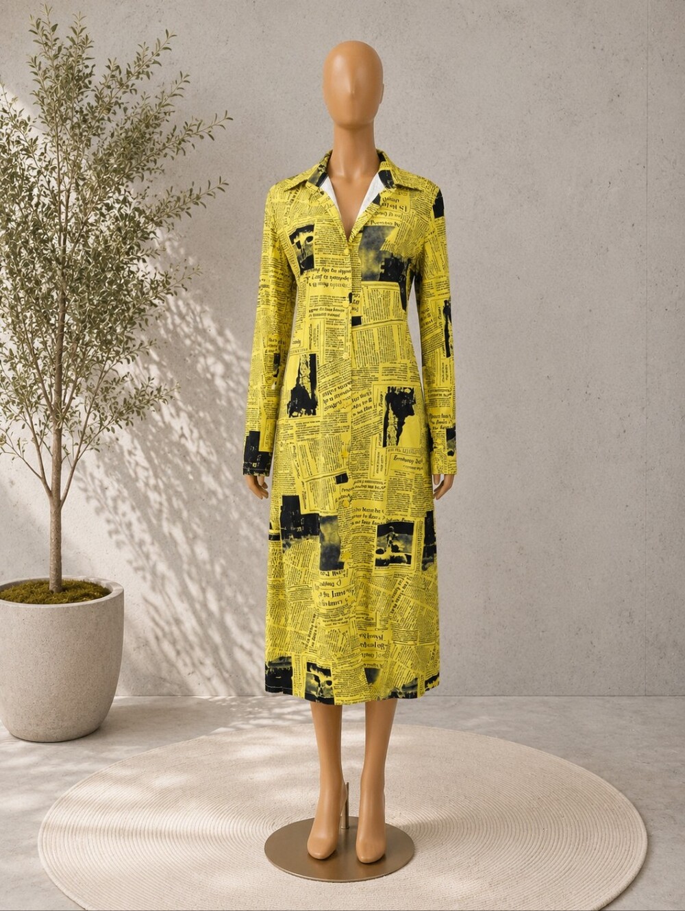 Yellow Newspaper-Print Long Shirt Dress